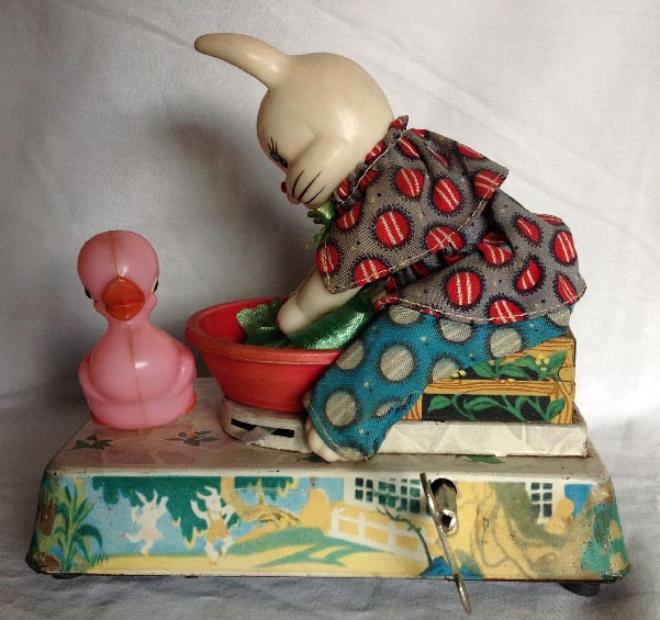 1950's-60's Chinese tinplate washing rabbit and duck clock work wind up toy